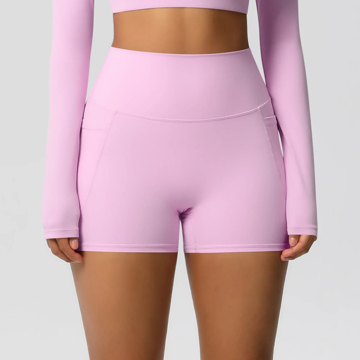 Yogahose Damen mit hoher Taille und Taschen, rosafarben