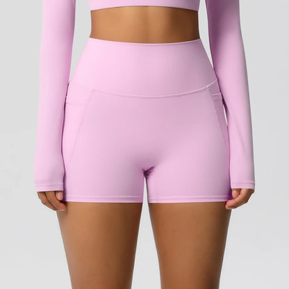 Yogahose Damen mit hoher Taille und Taschen, rosafarben
