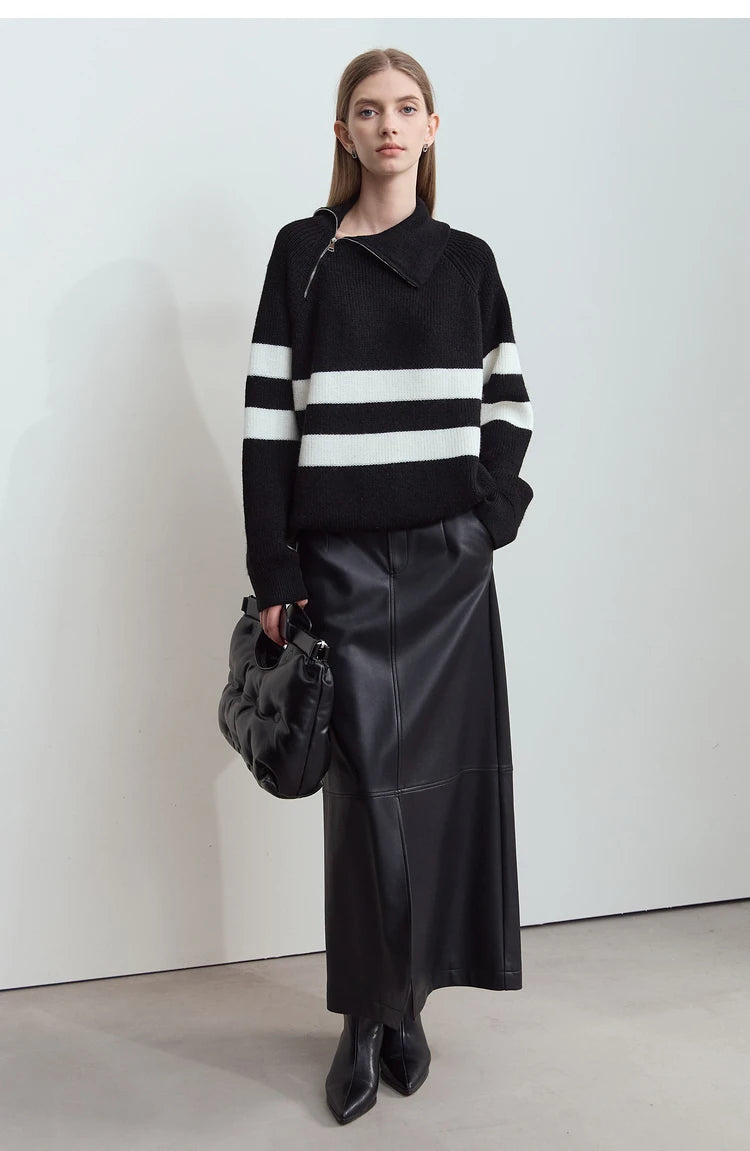 Damen-Rollkragenpullover schwarz mit weißen Streifen, lockere Passform, Reißverschluss vorn