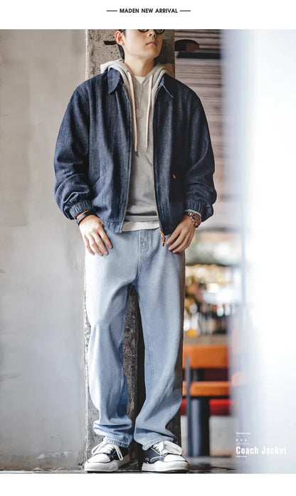 Herren Vintage-Jeansjacke Lockere Passform Revers-Reißverschlussjacke Kurze Blaue Mäntel
