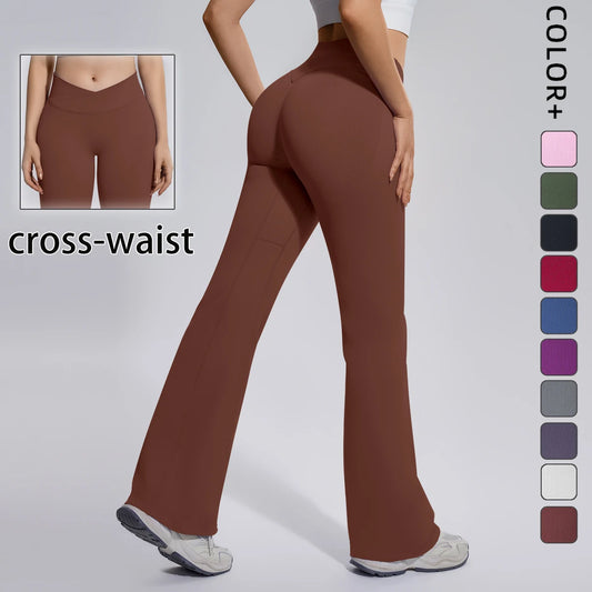 Nahtlose Yoga-Hose mit weitem Bein, braun, hoher Bund und schmale Taille