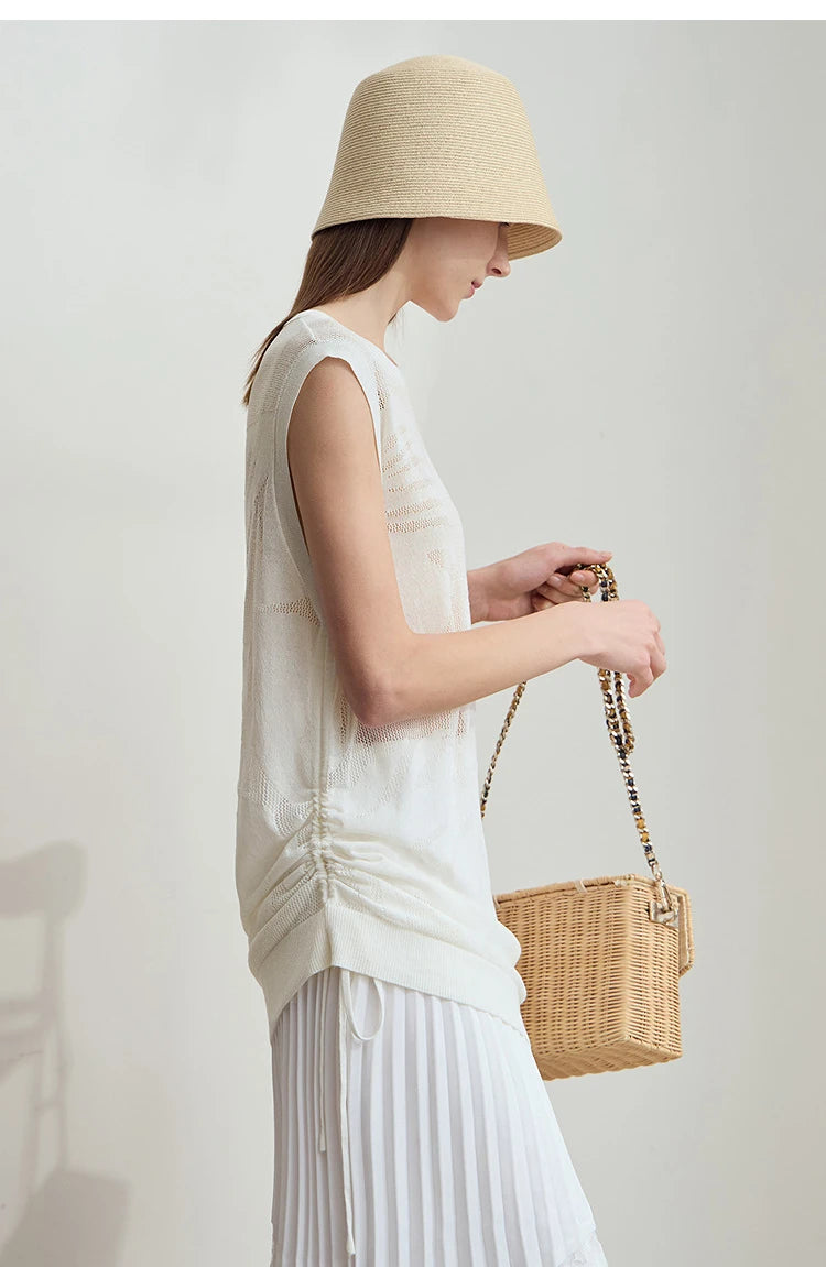 Tanktop in Creme/Beige, ärmellos, Rundhalsausschnitt, mit seitlichen Falten und Saumzug