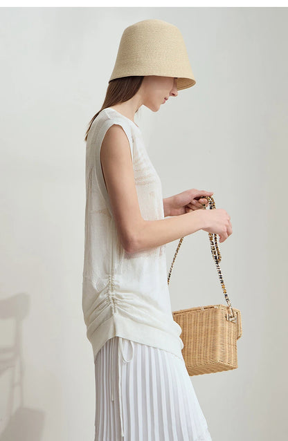 Tanktop in Creme/Beige, ärmellos, Rundhalsausschnitt, mit seitlichen Falten und Saumzug