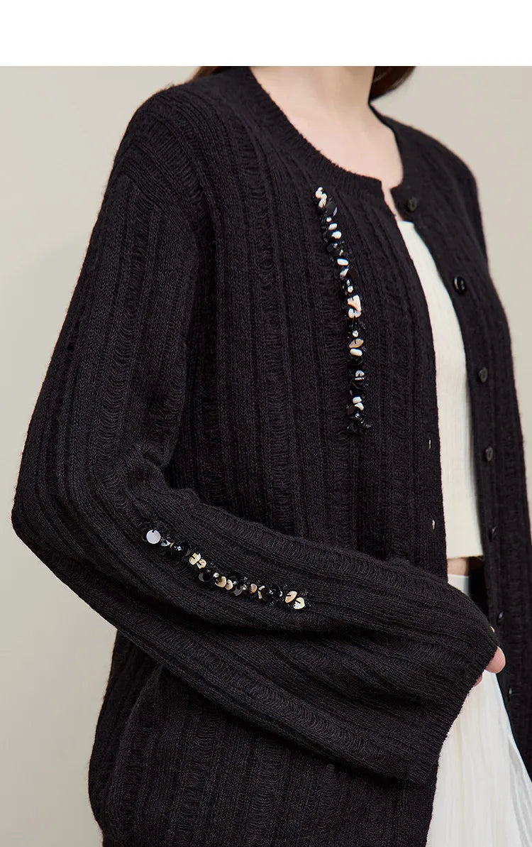 Damen-Strickjacke Rundhals Wolle locker überschnittene Schulter einreihig Frühling