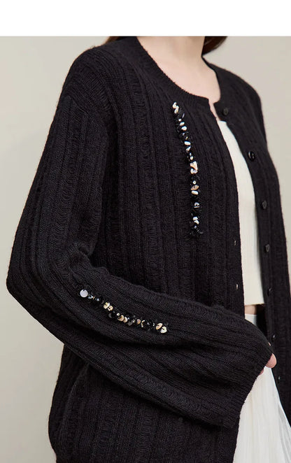 Damen-Strickjacke Rundhals Wolle locker überschnittene Schulter einreihig Frühling