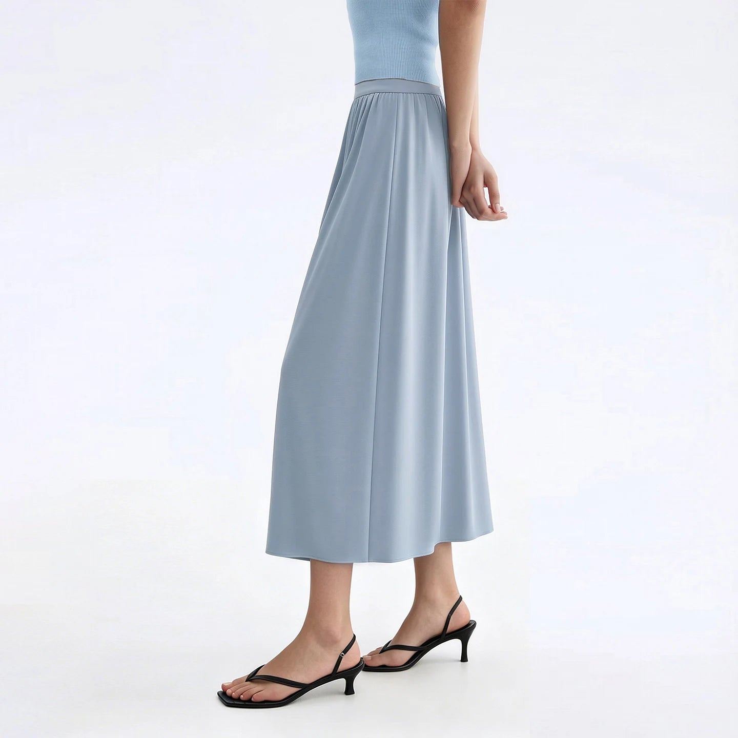 Maxirock Damen Hellblau, A-Linie, gefalteter Bund, schwingender Saum