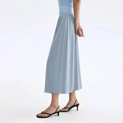 Maxirock Damen Hellblau, A-Linie, gefalteter Bund, schwingender Saum