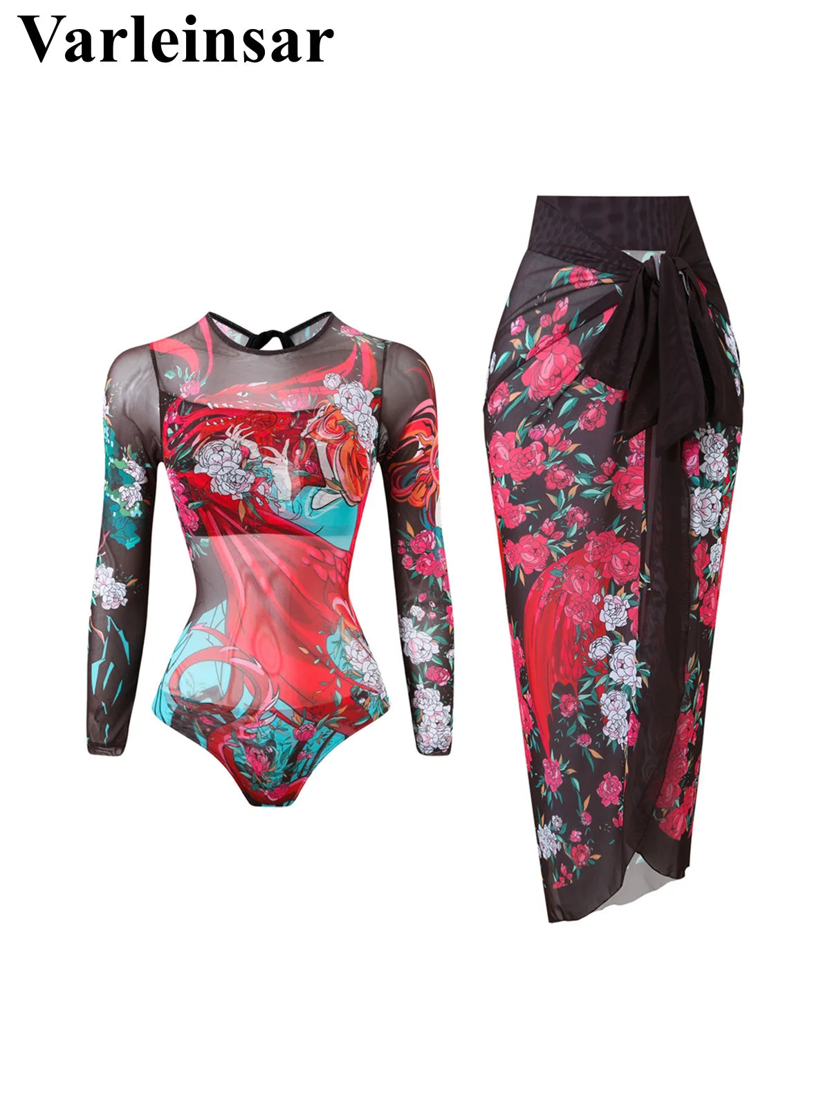 Damen-Badeanzug Blumen Langarm Sarong einteilig gepolstert