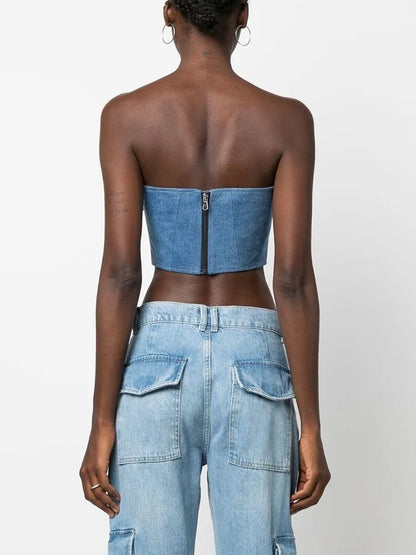 Asymmetrische Damen-Jeans mit hohem Bund und Colorblock-Design – modische Spliced-Denim-Hose für Frauen.