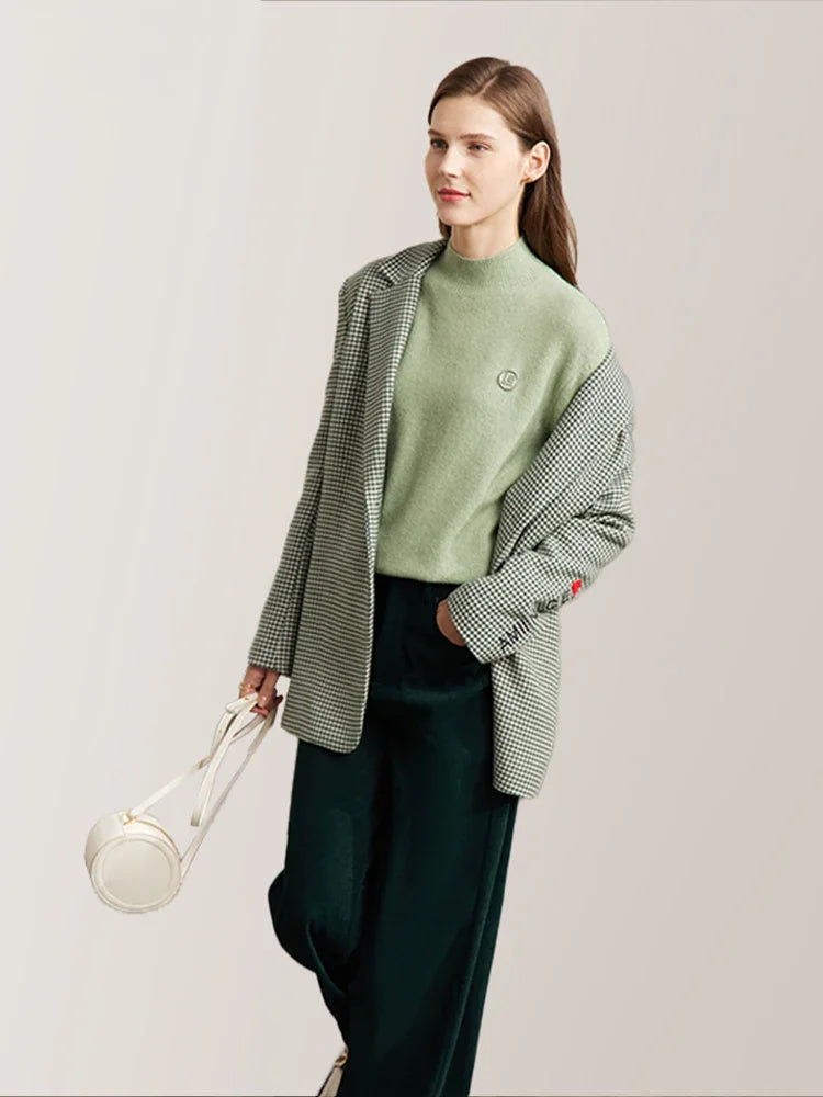 Damen-Pullover AMII mit halbem Rollkragen, olivgrün, lange Ärmel, lockere Passform