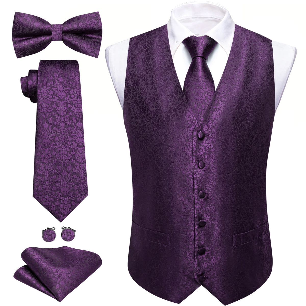 Anzugweste-Set mit Paisley-Muster in Lila, mit Krawatte, Fliege und Einstecktuch