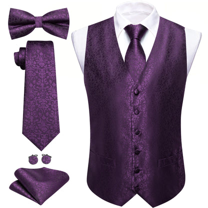 Anzugweste-Set mit Paisley-Muster in Lila, mit Krawatte, Fliege und Einstecktuch
