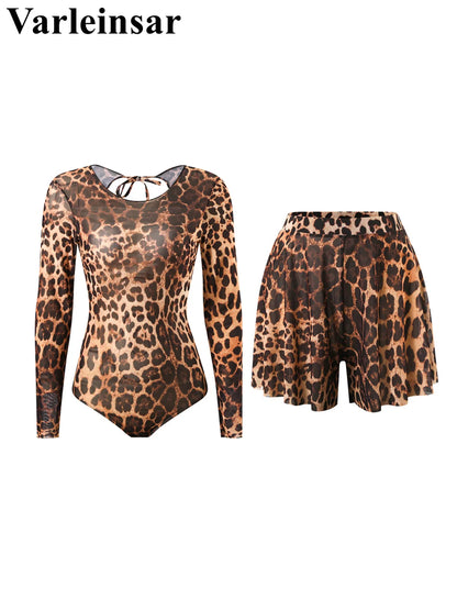 Damen-Badeanzug Leopard Langarm Shorts Set gepolstert einteilig