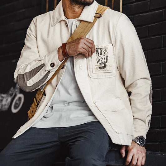 Herren Retro-Jacke aus schwerer Baumwolle mit Twill-Reversärmeln und Cord-Spleißdesign