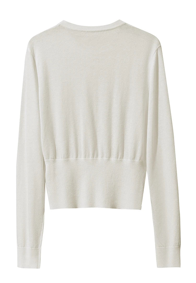 Weißer Damenpullover, Rückansicht, Rundhalsausschnitt, langarm, gerippter Abschluss