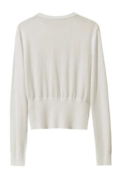 Weißer Damenpullover, Rückansicht, Rundhalsausschnitt, langarm, gerippter Abschluss