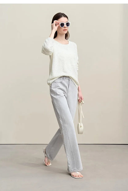 Damen-Strickpullover, Off-White, Rundhalsausschnitt; Ärmelbündchen mit feinem Strickmuster