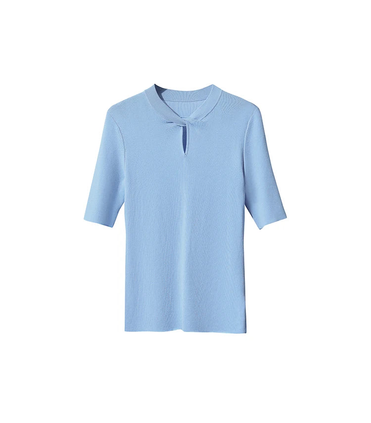 Damen-Strickshirt mit kurzem Arm, hellblau, Rundhalsausschnitt und Knopfleiste vorne