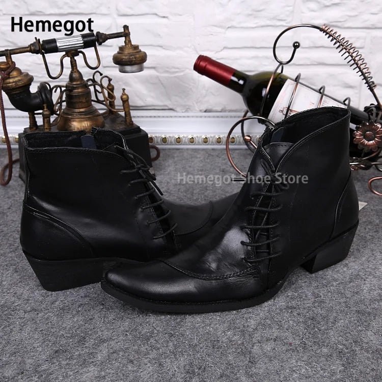 Schwarze Herren-Leder-Stiefeletten mit Schnürung, spitzer Zehenform und Absatz