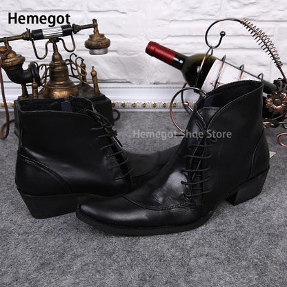Schwarze Herren-Leder-Stiefeletten mit Schnürung, spitzer Zehenform und Absatz