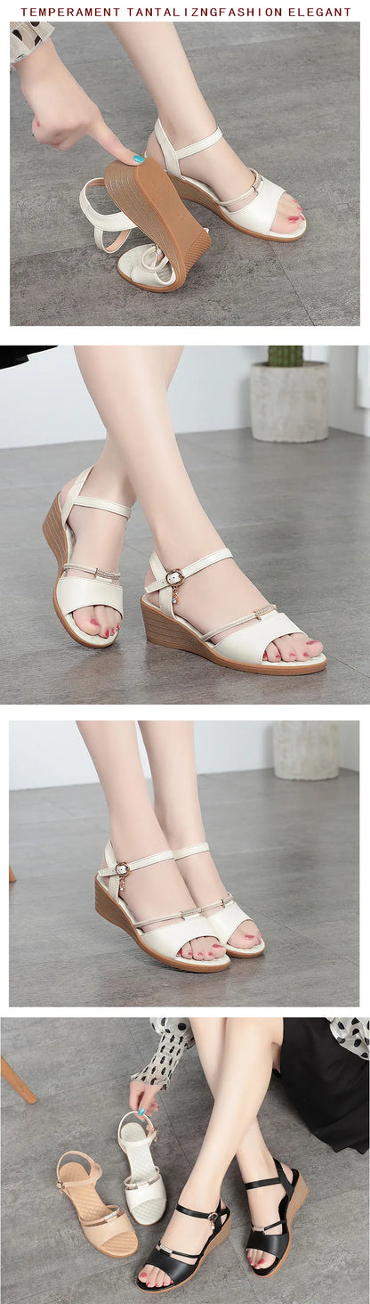 Damen-Sandalen mit Keilabsatz, Sommer, echtes Leder, große Größe 41, 42, 43, Damen-Sandalen, rutschfeste Mutter mittleren Alters, modische Sandalen