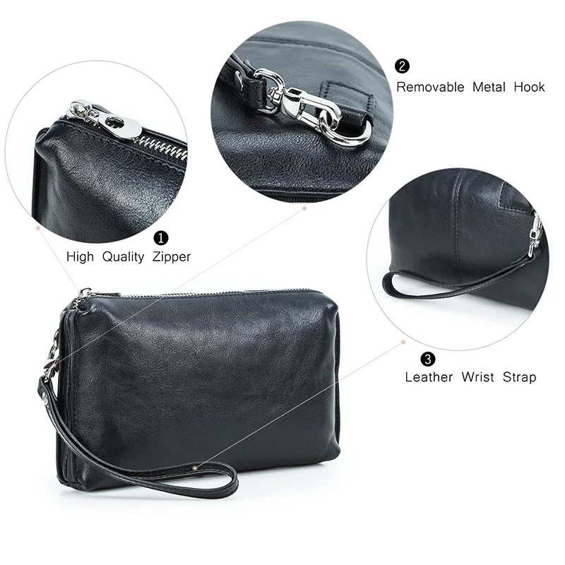 Schwarze Echtleder-Handtasche für Herren mit hochwertigem Reißverschluss, Metallhaken und Uhrarmband
