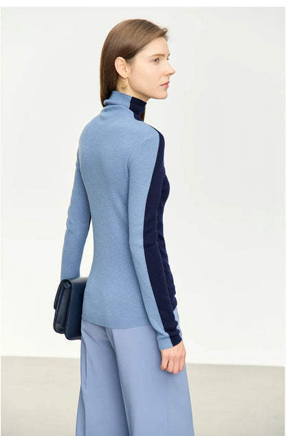 Damen-Rollkragenpullover Wolle-Mix Patchwork schlank Winter