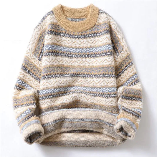 Herren-Pullover mit Stehkragen und Patchwork-Design in Kontrastfarben – modischer, dicker Strick für Herbst und Winter