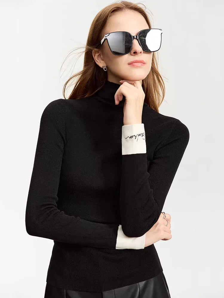Damen-Rollkragenpullover Wolle Slim Patchwork-Splicing Herbst-Winter