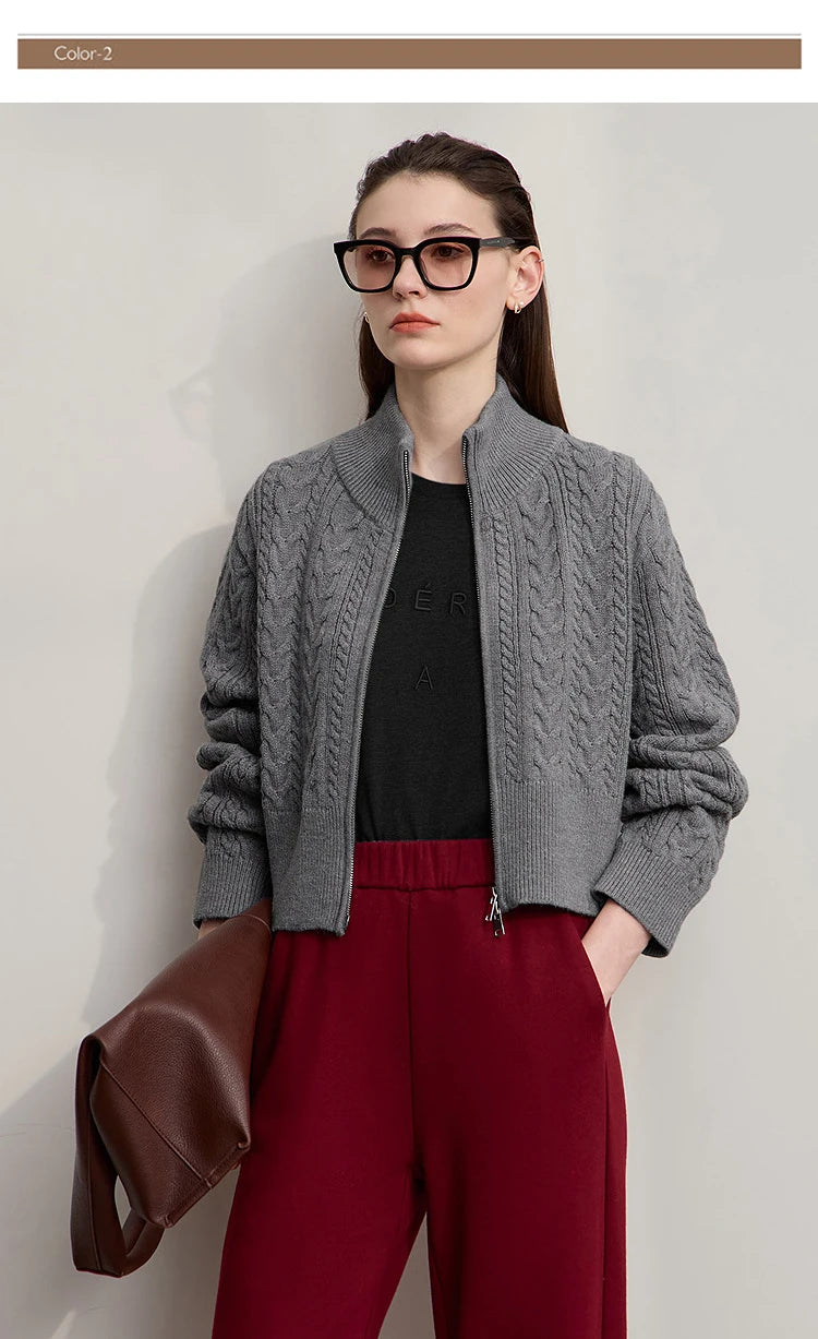 Damen-Rollkragen-Strickjacke Reißverschluss schlank Herbst