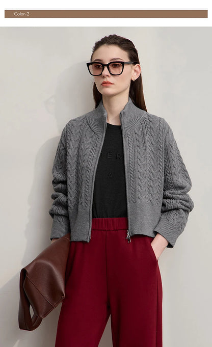 Damen-Rollkragen-Strickjacke Reißverschluss schlank Herbst