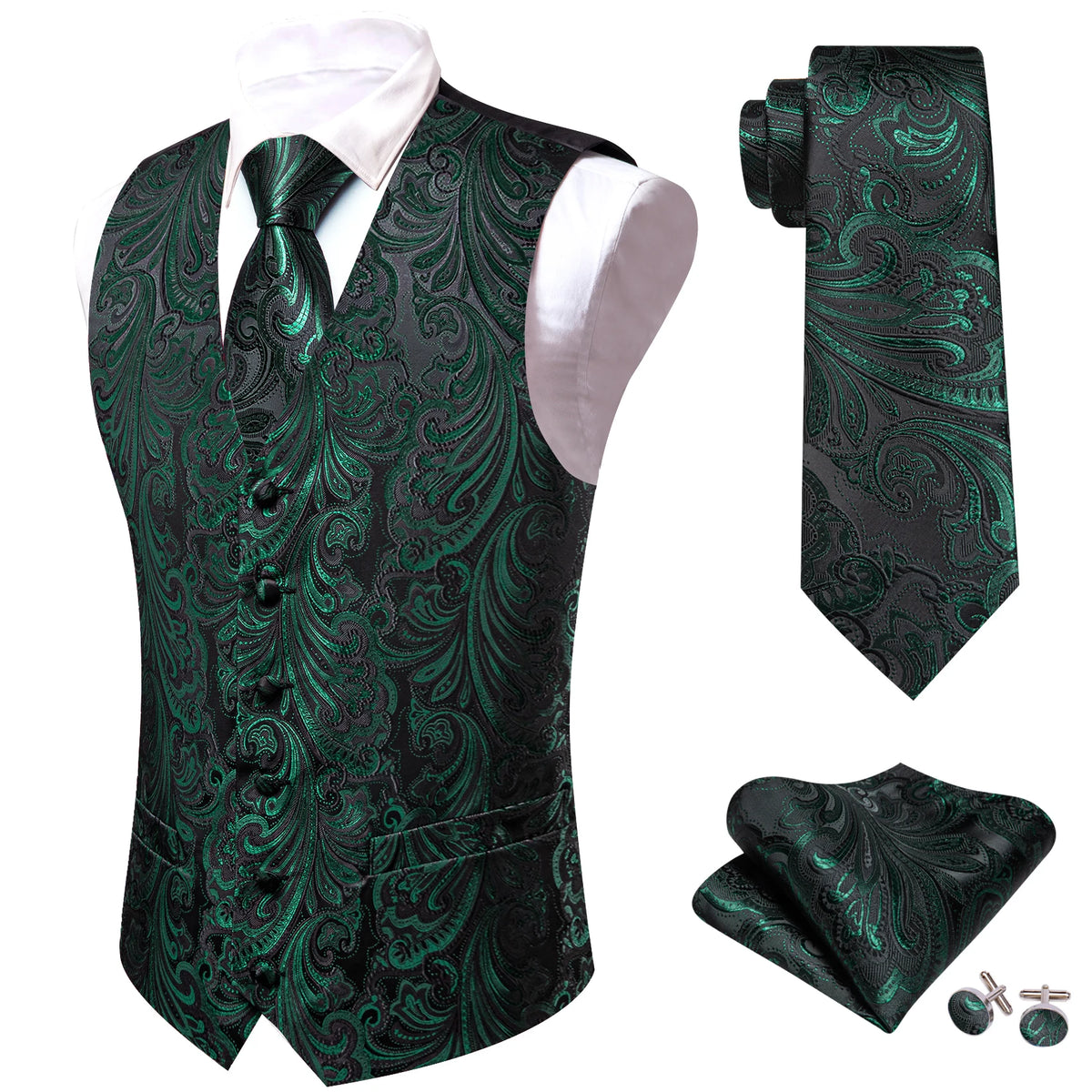 Herrenweste grün mit Jacquard-Paisley und passender Krawatte, Set-Elemente