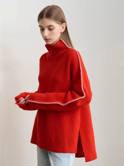 Damen-Rollkragenpullover Wolle Stickerei locker Weihnachten Winter
