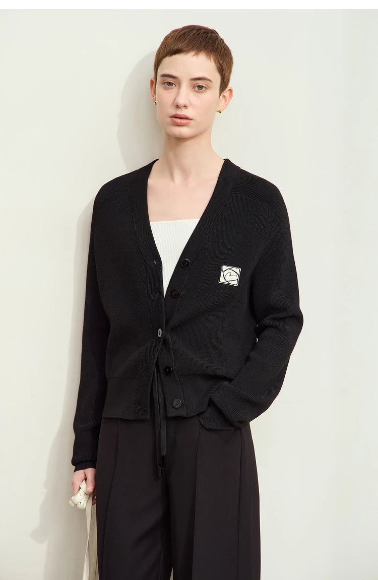Damen-Strickjacke Wolle V-Ausschnitt Patchwork Stickerei kurz Französisch Herbst