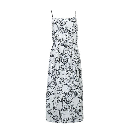Elegantes Langes Sommerkleid Mit Gürtel Und Blumendruck Für Frau
