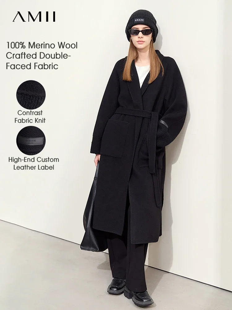 Damen Gürteljacke im minimalistischen Stil aus Wolle mit Taschen und V-Ausschnitt