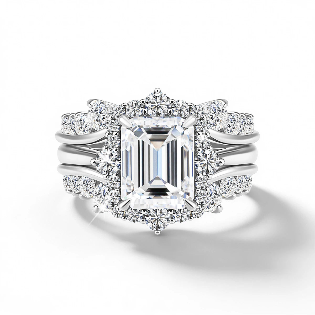 Damen-Verlobungsring-Set aus Moissanit im Smaragd-Schliff Halo-Umrandung 925er Sterlingsilber