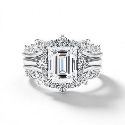 Damen-Verlobungsring-Set aus Moissanit im Smaragd-Schliff Halo-Umrandung 925er Sterlingsilber