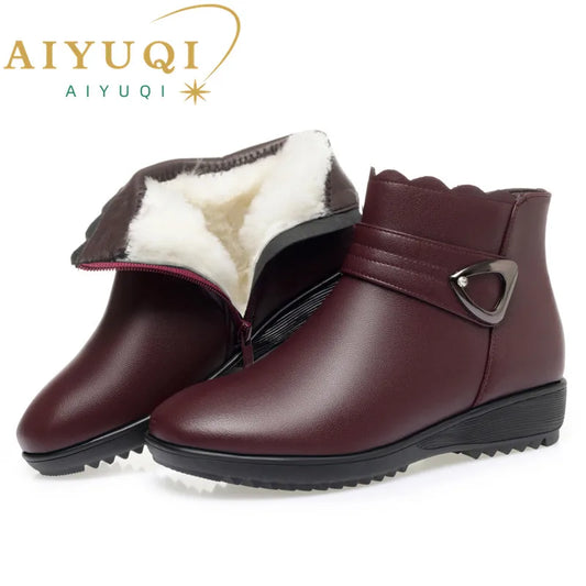 Damen Schneestiefel aus echtem Leder mit rutschfestem flachem Boden