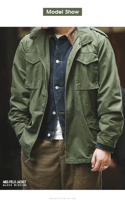 Herren Feldjacke Grüne Vintage-Armeejacke Lässige Windjacke Reverskragen Taschen Mantel
