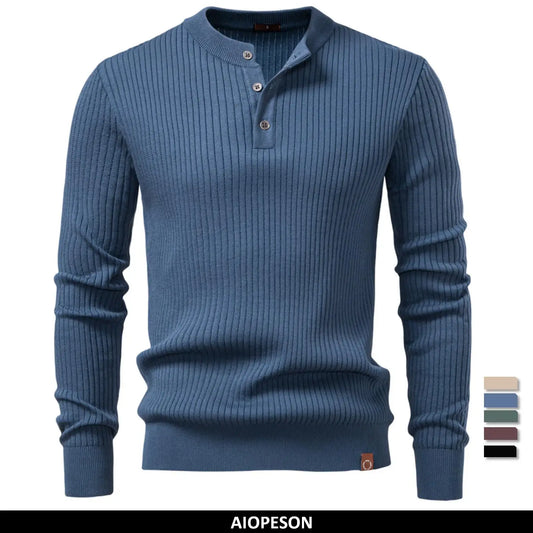 Herren Strickpolo mit Knopfleiste und Rippenstrick, langarm, Denimblau