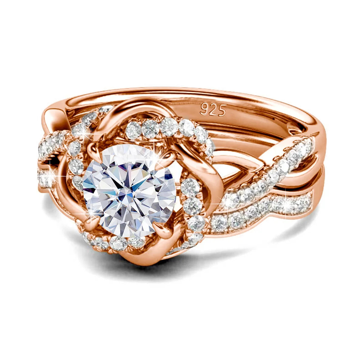 Damen-Ringe-Set aus 925 Sterling Silber mit Moissanit Steinchen und Blüten-Design für Verlobung und Hochzeit