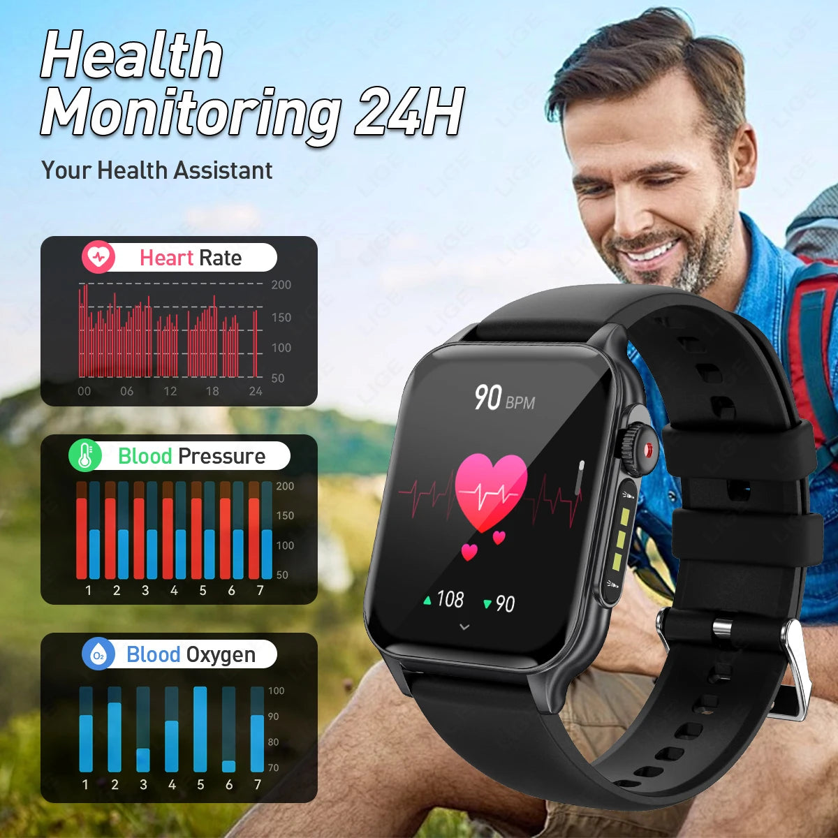 LIGE Neue Für Huawei Xiaomi Smart Uhr Männer Taschenlampe Wasserdichte Outdoor Sport Tracker Bluetooth Anruf Smartwatch 1,96 "bildschirm