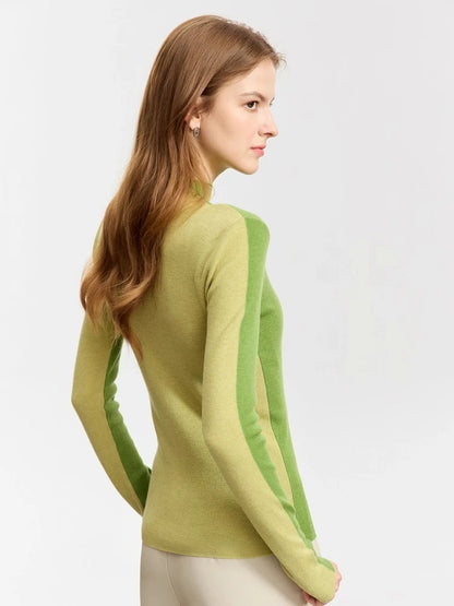 Damen-Halbrollkragen-Pullover Slim Patchwork Wolle-Mix Herbst-Winter