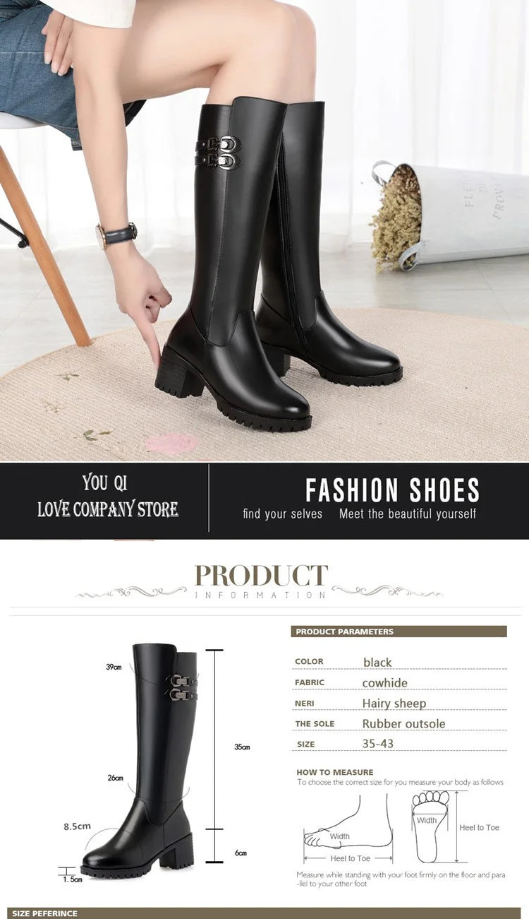 AIYUQI Women Genuine Leather Winter Wool 2025 New High Heel High Boots Big Size 41 42 43 Warm Snow Boots Women
