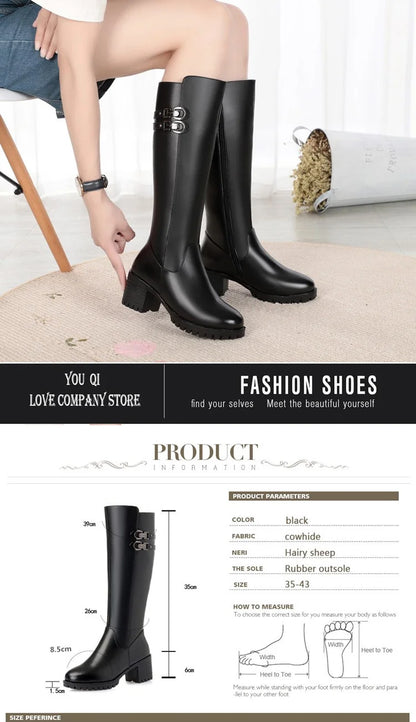 AIYUQI Women Genuine Leather Winter Wool 2025 New High Heel High Boots Big Size 41 42 43 Warm Snow Boots Women