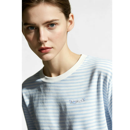 Damen-Rundhalspullover Colorblock Streifen Kurzarm locker Viskose Sommer