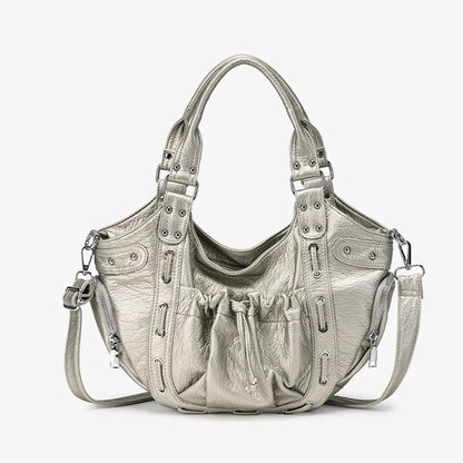 Damen-Hobo-Tasche aus Kunstleder in Silber mit Verstellbarem Tragegurt und Mehrfachfächern