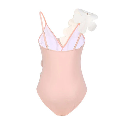 Damen Badeanzug Sarong 3D-Blumen tiefer V-Ausschnitt hoher Beinausschnitt