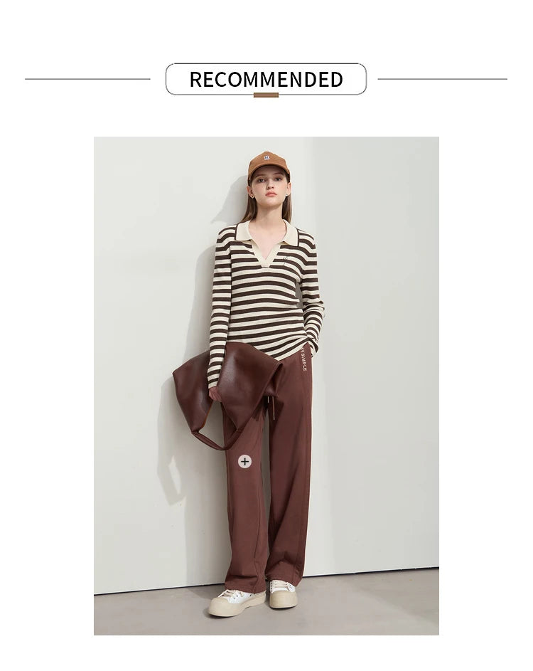 Damen V-Ausschnitt Pullover Streifen Stickerei Polo Kontrastfarben Herbst
